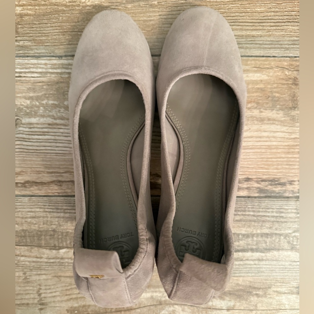 Tory Burch Suede block heels. Size 10. Grayish light tan color.